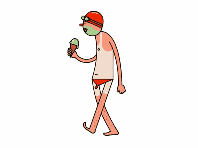 a cartoon of a man in a bathing suit walking and holding an ice cream cone .