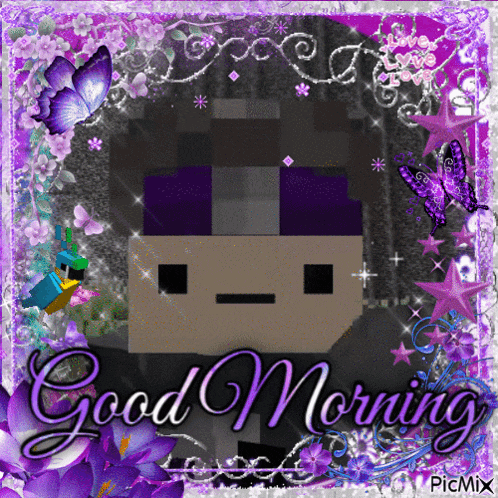 a picture of a boy with purple hair and the words good morning on it
