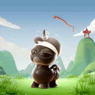 a cartoon illustration of a rhino with a dragon flying in the background