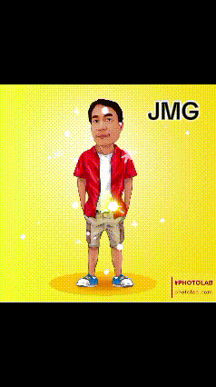 a cartoon of a man in a red shirt and shorts with the name jmg below him
