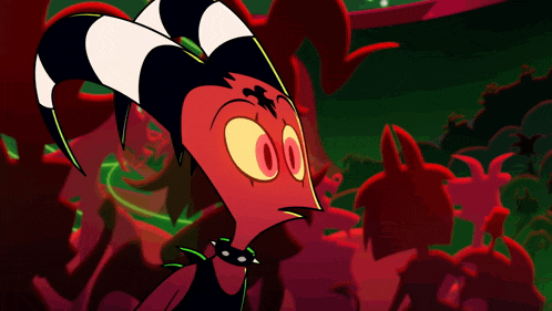 a cartoon character with horns and a choker is standing in a crowd of people .