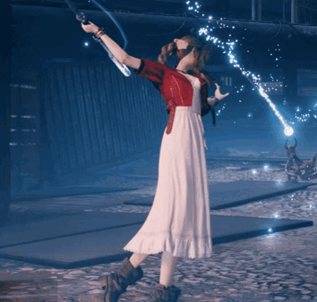 a woman in a white dress is holding a gun