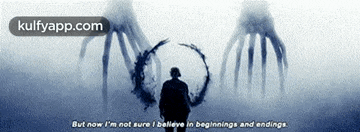 a man standing in front of a monster with the words but now i 'm not sure i believe