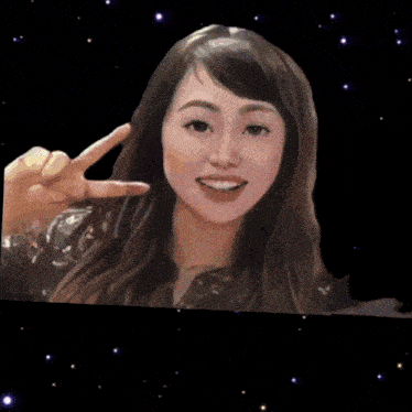 a painting of a woman giving a peace sign with her fingers