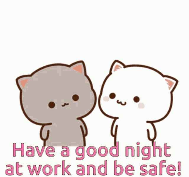 two cartoon cats kissing with the words have a good night at work and be safe below them