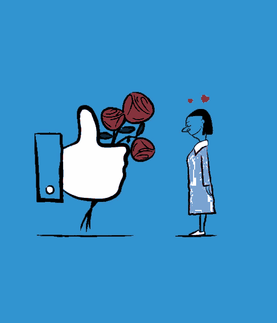 a cartoon of a thumbs up hand giving roses to a girl