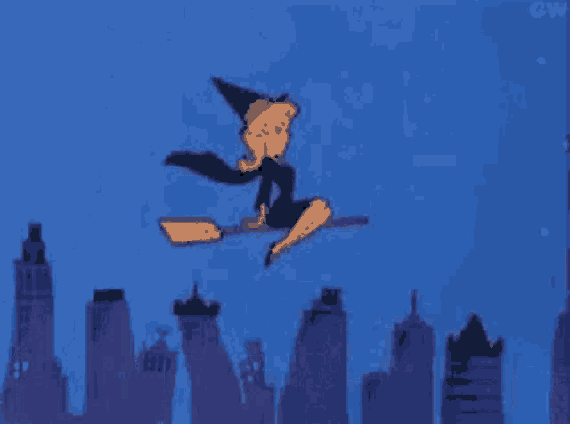a cartoon witch is flying on a broom over a city at night