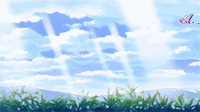 a painting of a blue sky with white clouds