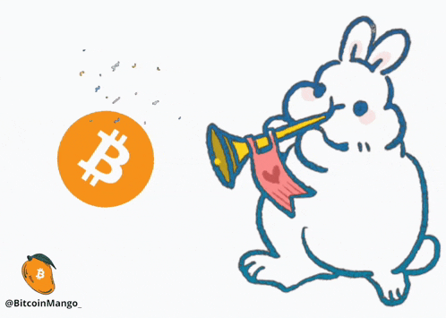 a cartoon rabbit blowing a trumpet in front of a coin with the letter b on it