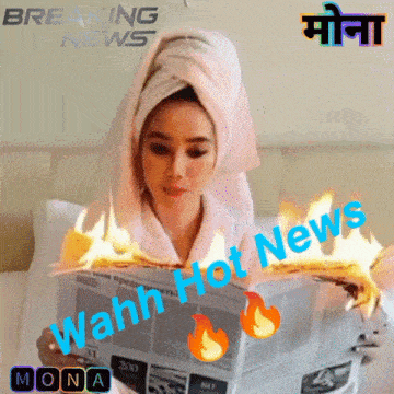 a woman with a towel wrapped around her head is reading a newspaper with wahn hot news written on it