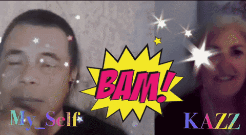 a man and a woman are standing next to each other with a comic book explosion that reads bam