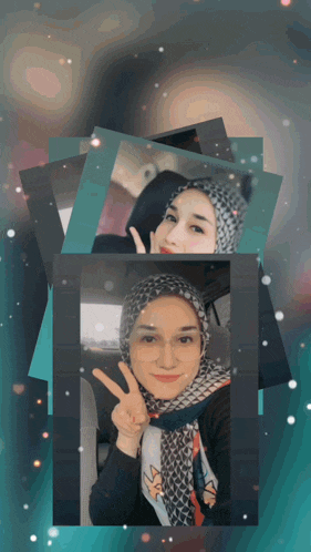 a woman in a hijab and scarf is giving the peace sign