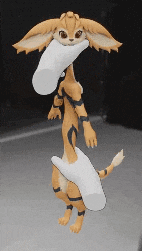 a cartoon character is being held by a white hand