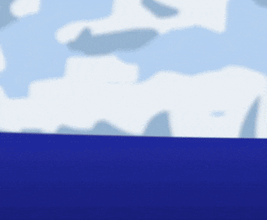 a green cube sits on a blue surface in front of a cloudy sky