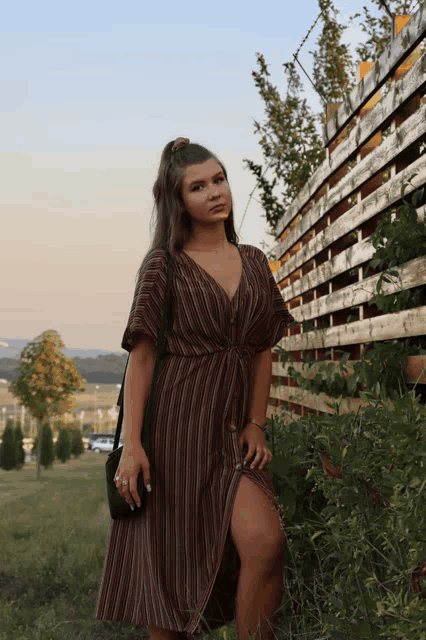 a woman in a striped dress stands next to a wooden fence