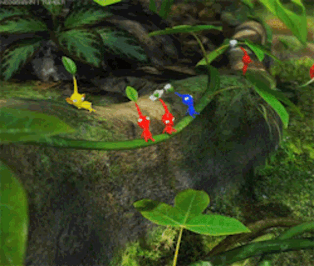 a group of colorful bugs are standing on a rock in the woods