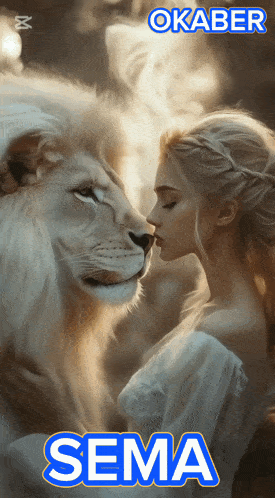 a woman kissing a white lion with the name sema on it