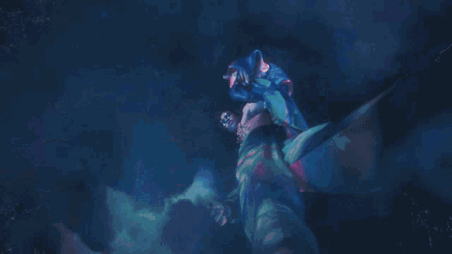 a painting of a woman floating in the air with a blue background