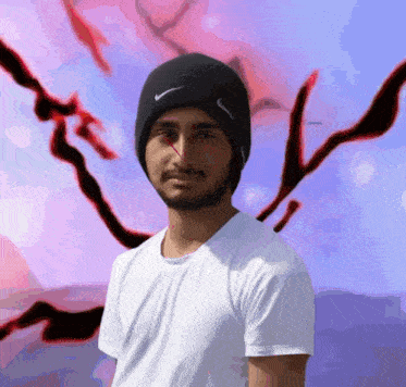 a man wearing a white shirt and a black nike beanie