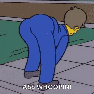 a cartoon of a man bending over with the words ass whoopin written below him .