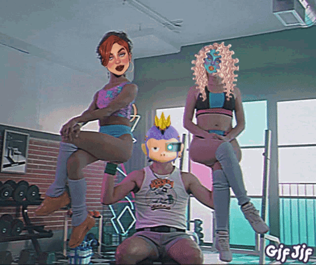 a man and two women are sitting in a gym with a sign that says gif jif at the bottom