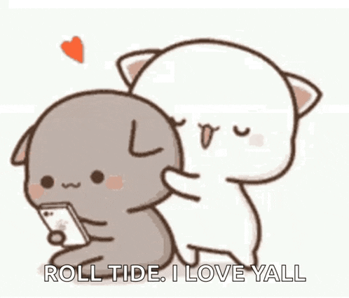 a couple of cartoon cats are hugging each other while one of them is looking at a cell phone .