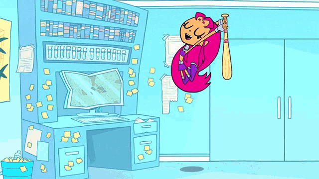 a cartoon of a girl holding a bat in a room