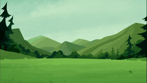 a cartoon illustration of a lush green field with mountains in the background