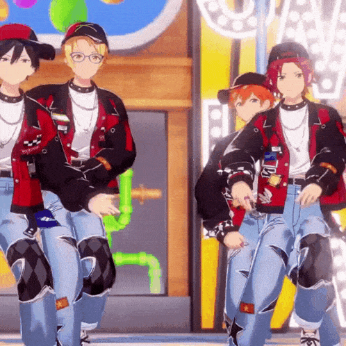 a group of anime characters are dancing in a room