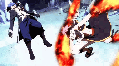two anime characters are fighting each other with fire coming out of their hands .