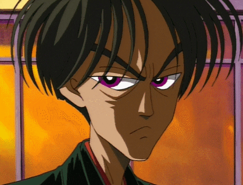 a cartoon drawing of a man with purple eyes and black hair