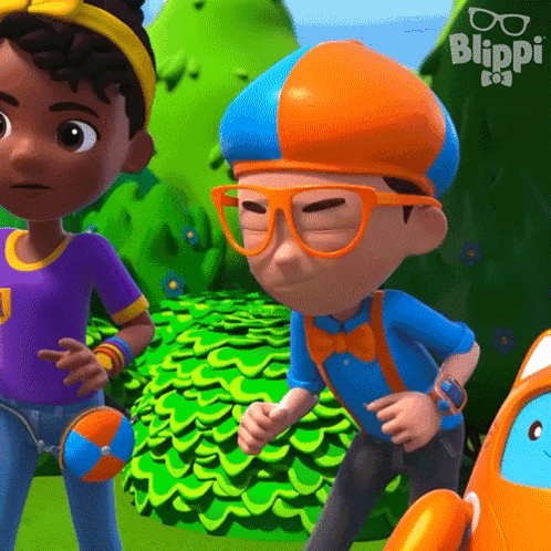a boy and a girl from blippi are standing next to a car