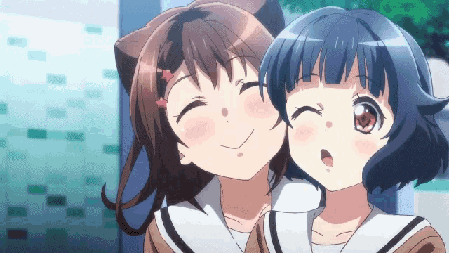 two anime girls are standing next to each other smiling