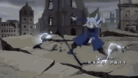 a cartoon character is standing on a pile of rocks in front of a ruined building .
