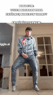 a man is standing in front of a door with a caption that says babacum on it