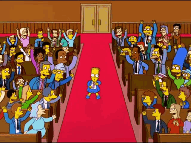 bart simpson stands on a red carpet in front of a crowd