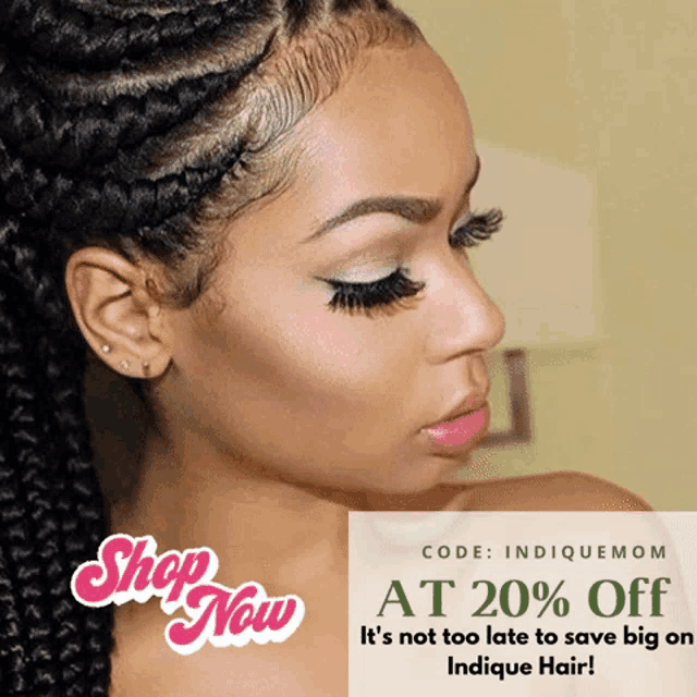 an advertisement for indique hair shows a woman with braids on her head
