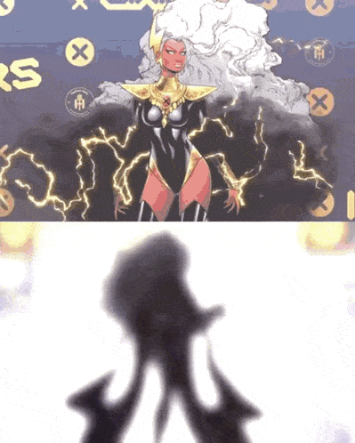 a cartoon of a woman with lightning bolts and the word x on the bottom