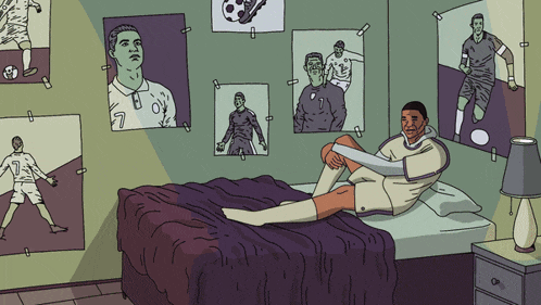 a drawing of a man laying on a bed with soccer players hanging on the wall