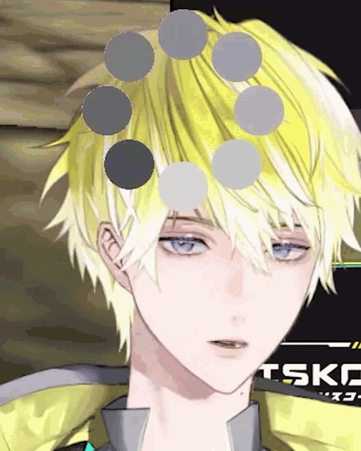 a close up of a man 's face with circles around his head and the word tskd in the corner
