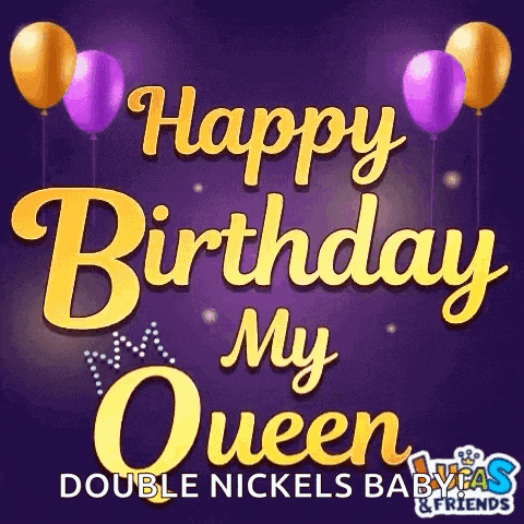 a happy birthday greeting card for a queen with balloons and a crown on a purple background .