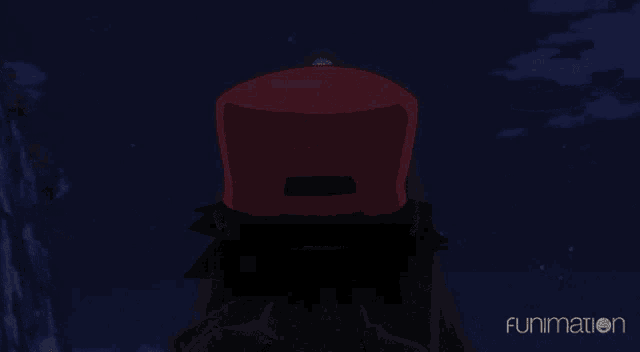 a man in a hooded cape is holding a red object in front of funimation