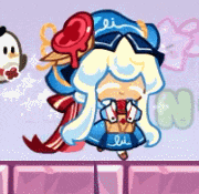 a cartoon character with white hair and a blue dress is standing in front of a pink wall .