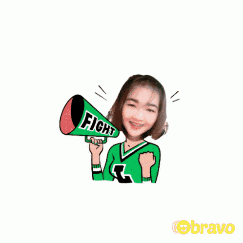 a cheerleader is holding a megaphone that says fight on it