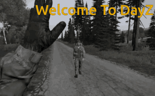 a black and white photo of a man walking down a road with the words welcome to day 7 above him