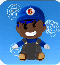 a stuffed toy with a blue hat and overalls has the number 6 on his hat