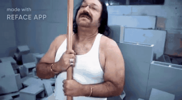 a man in a white tank top is holding a wooden stick with the words made with reface app on the bottom