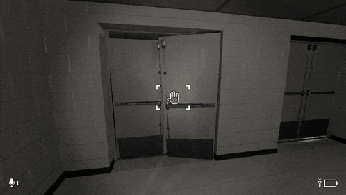 a screenshot of a video game shows a hand reaching out towards a door