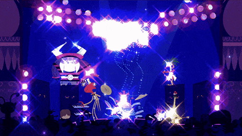 a group of cartoon characters are playing instruments on a stage in front of a crowd of people