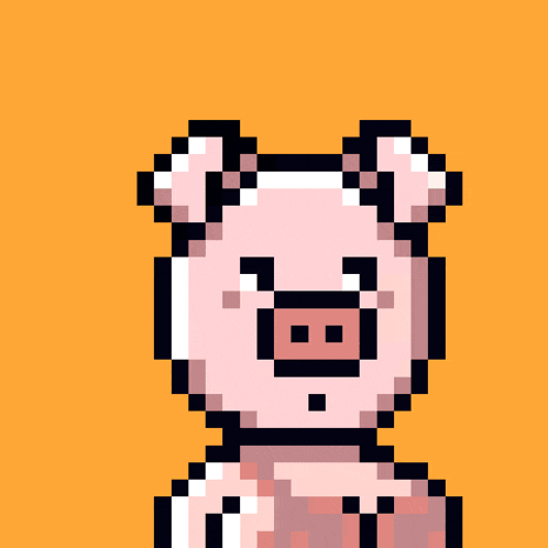 a pixel art drawing of a pig holding a coin